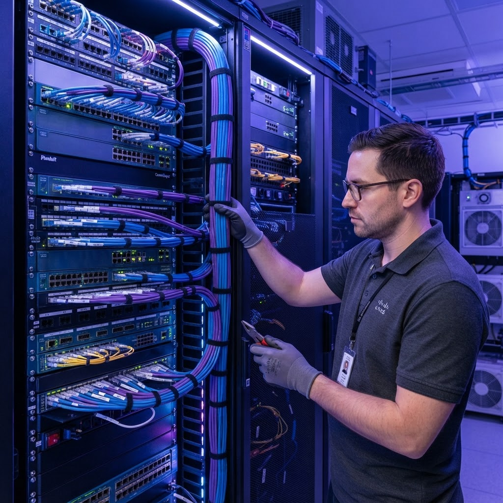 Network engineer organizing structured cabling in a server cabinet